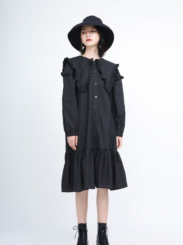 Loose Solid Ruffle Collar Cropped Falbala Dress