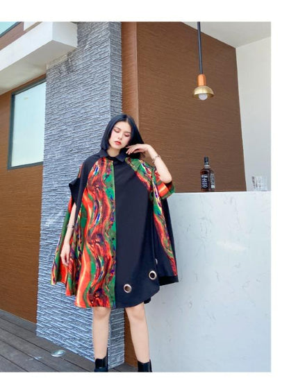Plus Size Loose Print Cape Short Sleeve Shirt Dress