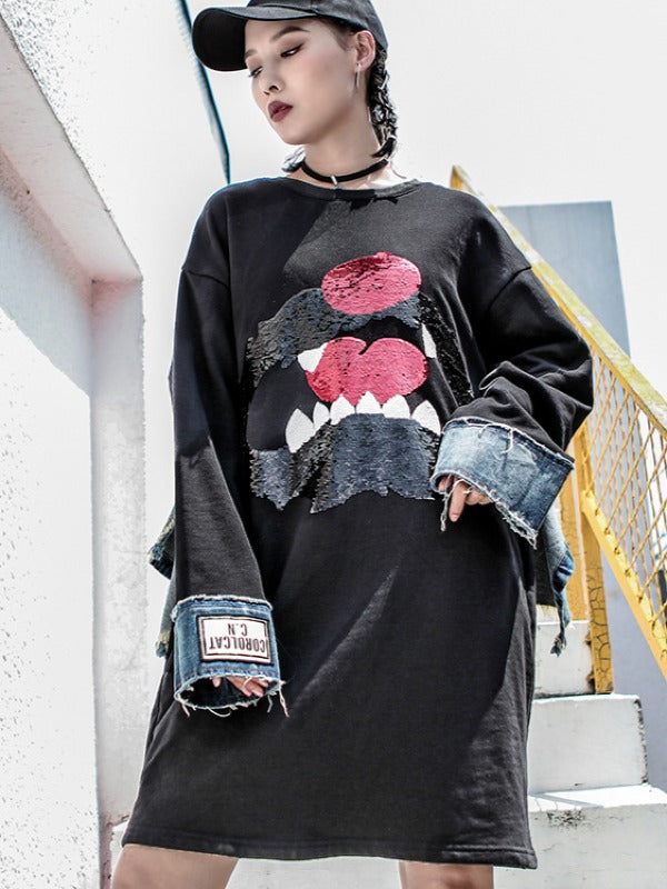 Stylish Loose Jean Cropped Splicing Print Hoodie