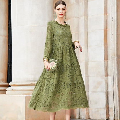 Casual Floral Daily Green Long Sleeve Midi Dress