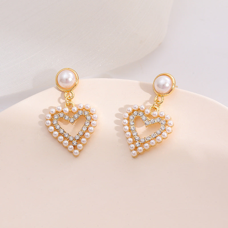 S925 silver needle love pearl red heart earrings
