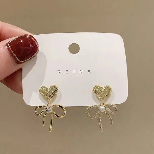 S925 silver needle love bow heart-shaped diamond earrings