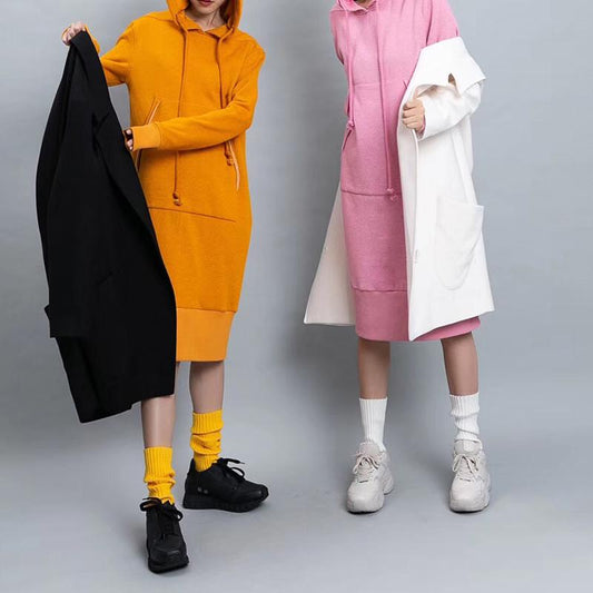 Hoodie Drawstring Winter Long Sleeve Midi Dress