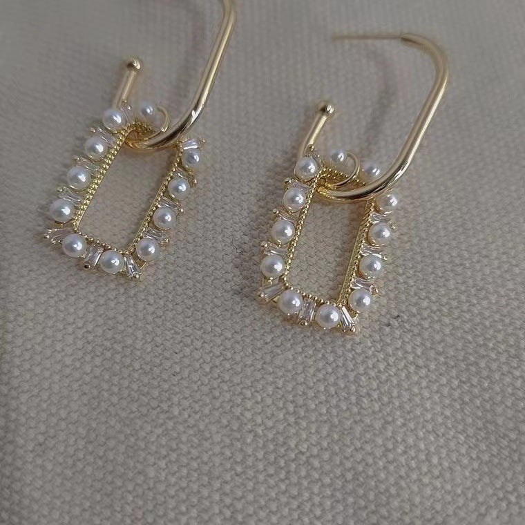 S925 silver needle micro-embedded pearl fashion geometric box earrings
