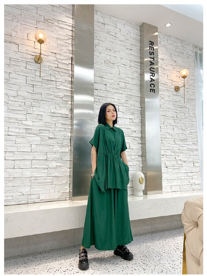 URBAN ELASTICITY BATWING SLEEVE LAPEL TOPS&WIDE LEG PANTS SUITS