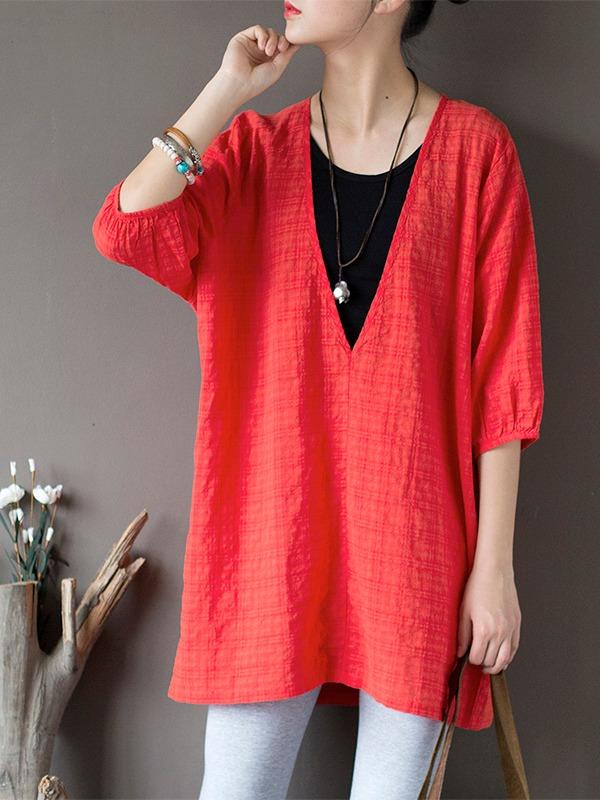 Original Sun-Protection Solid Plaid V-Neck Shirt