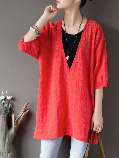 Original Sun-Protection Solid Plaid V-Neck Shirt