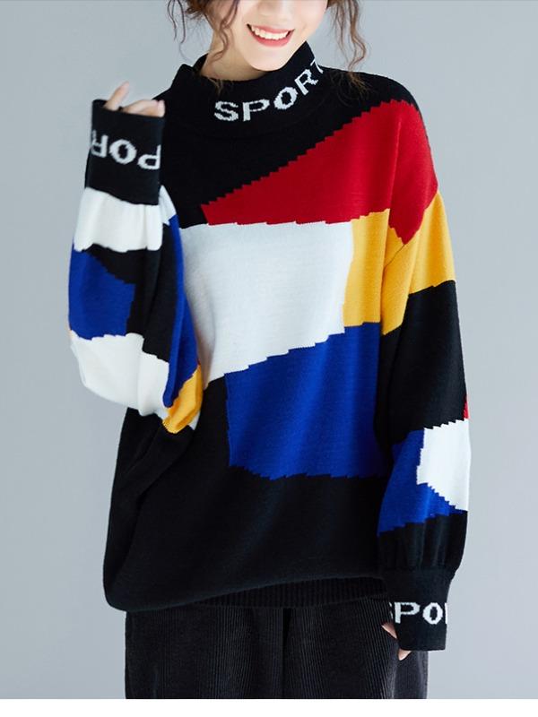 LOOSE CONTRAST COLOR HIGH-NECK KNITTING SWEATER - Zebrant