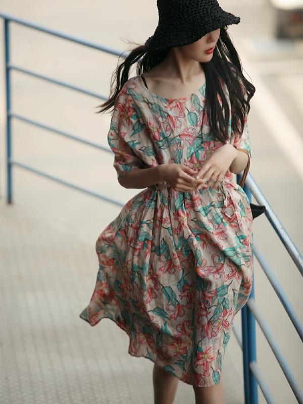 VINTAGE FLORAL PRINTED PLEATED SHORT DRESS