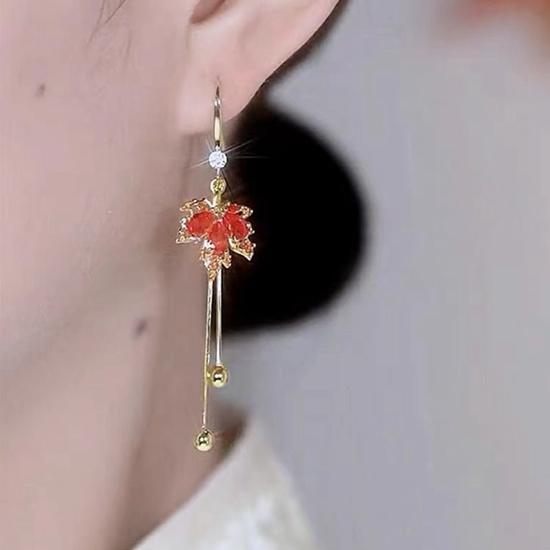 Red maple leaf tassel earrings