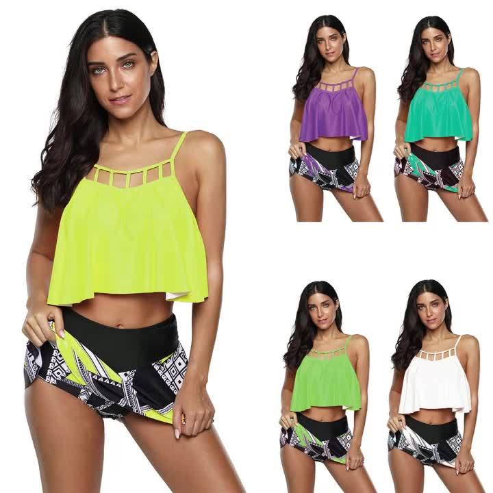 Women Retro Flounce High Waisted Bikini Halter Neck Two Piece Swimsuit - Zebrant