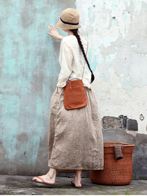 VINTAGE SOLID LINEN DRAWSTRING SKIRT