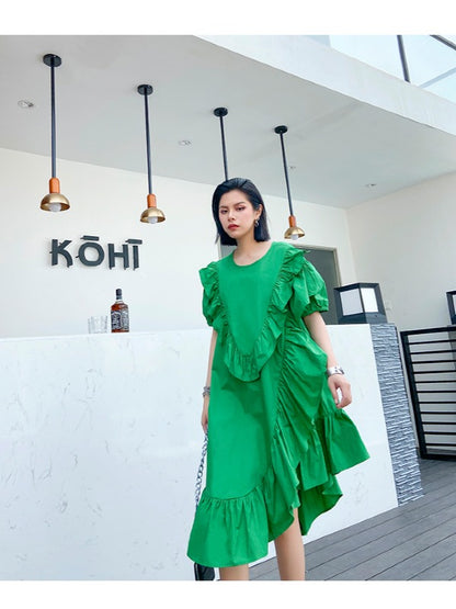 SOLID FALBALA BISHOP SLEEVE ASYMMETRIC MIDI DRESS