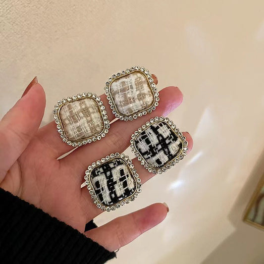 S925 silver needle checkerboard lattice metal geometric earrings