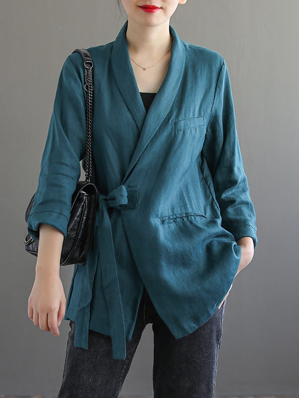 Loose Ethnic Style Solid Lace-Up Cropped Suit Outwear