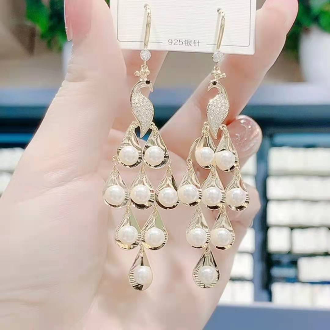 Bowknot geometric tassel long pearl rhinestone earrings