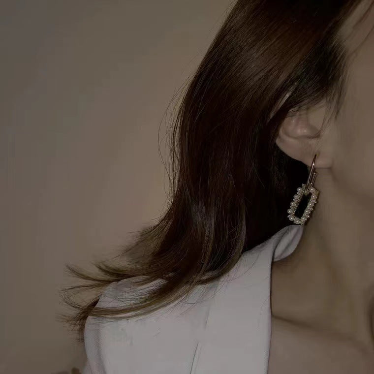 S925 silver needle micro-embedded pearl fashion geometric box earrings