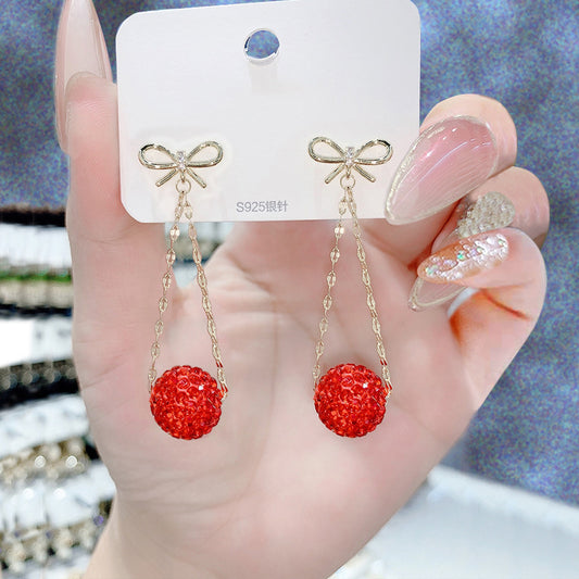 Bow red diamond ball earrings
