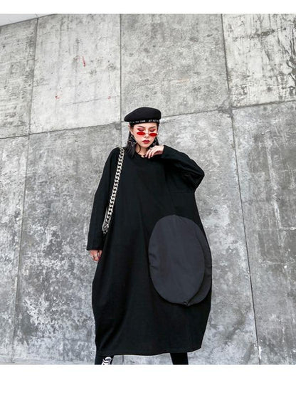 LOOSE ASYMMETRIC A-LINE SPLIT-JOINT BLACK LONG DRESS - Zebrant