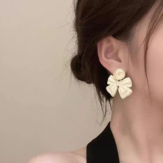 S925 Silver Needle Bow Metal Round Simple Earrings