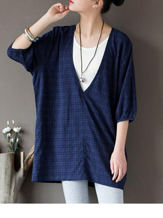 Original Sun-Protection Solid Plaid V-Neck Shirt