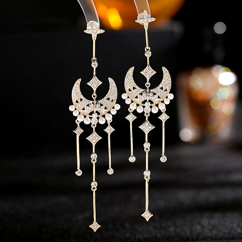 Star Moon pearl temperament long Tassel Earrings