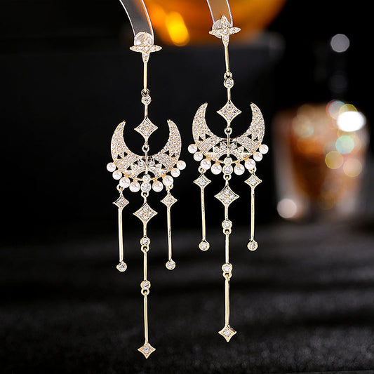 Star Moon pearl temperament long Tassel Earrings