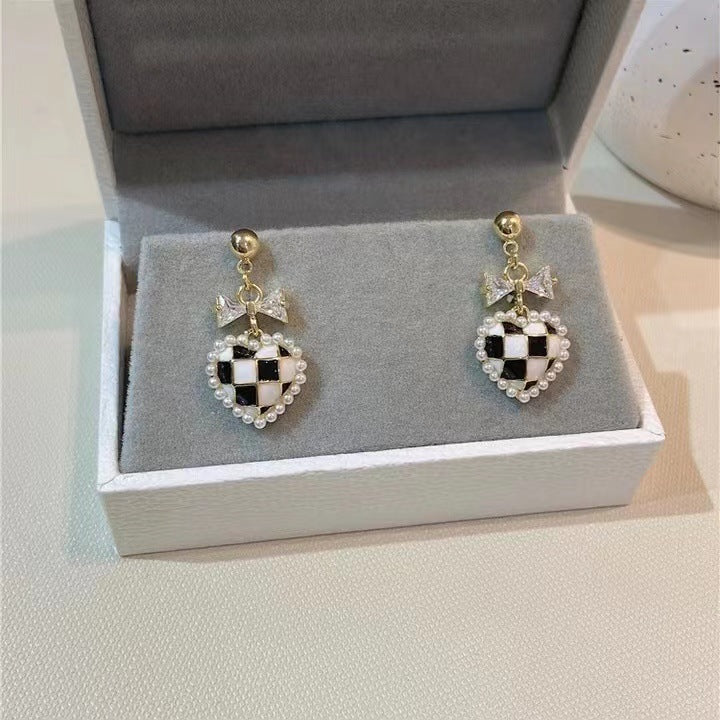 S925 silver needle pearl bow checkerboard earrings