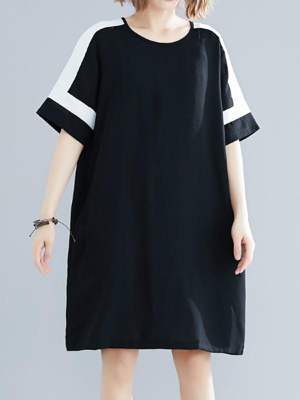 Plus Size Loose Chiffon Contrast Color Midi Dress