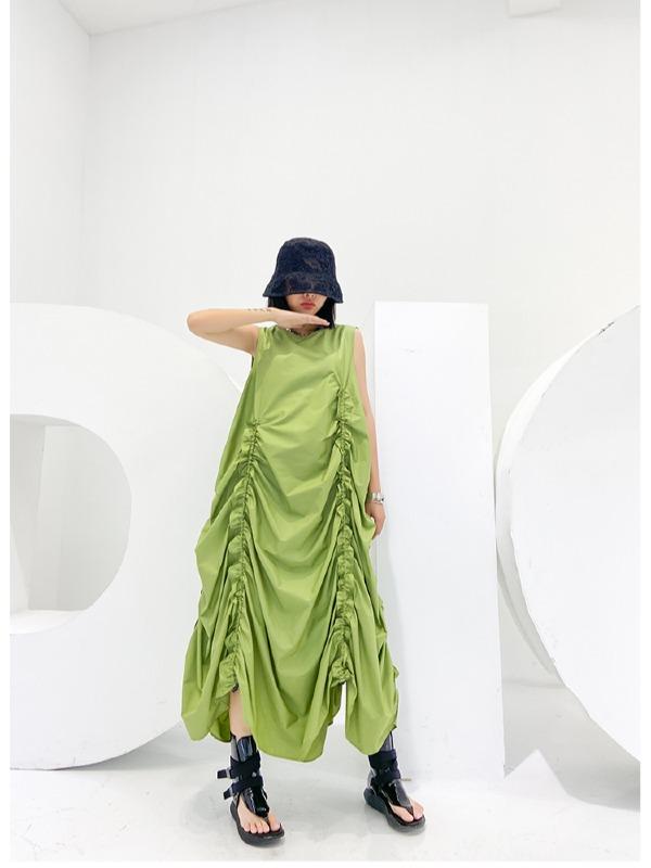 Sleeveless Pleated A-Line Solid Maxi Dress