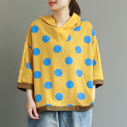 Loose Cotton Dot Hooded Print Blouse