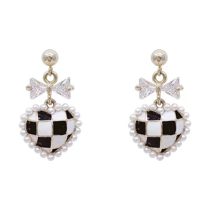 S925 silver needle pearl bow checkerboard earrings