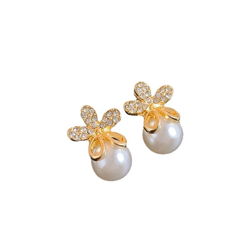 Flower Rhinestone Pearl 925 Silver Needle Earrings