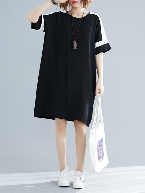 Plus Size Loose Chiffon Contrast Color Midi Dress