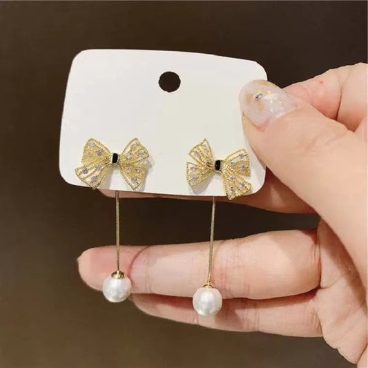 S925 Silver Needle Bow Pearl Fringe Earrings