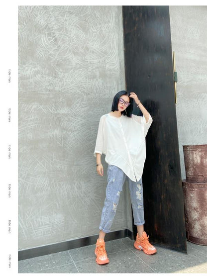 Plus Size Loose Chiffon Solid Split-Joint Blouse