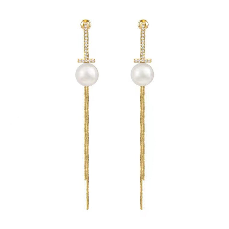S925 silver needle long tassel earrings pearl earrings