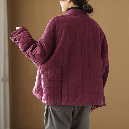Plus Size - Winter Checks Casual Stand Collar Cotton-padded Coat