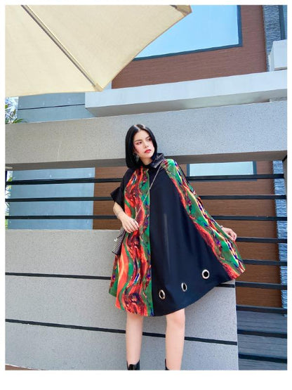 Plus Size Loose Print Cape Short Sleeve Shirt Dress