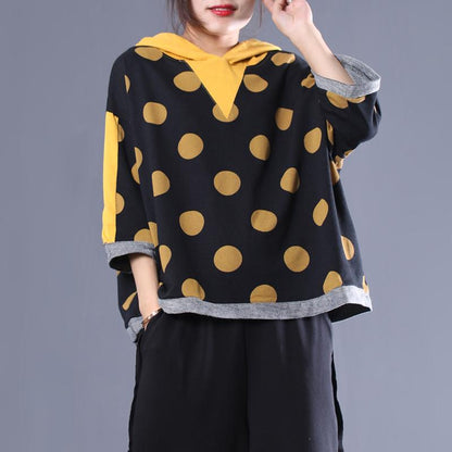 Loose Cotton Dot Hooded Print Blouse