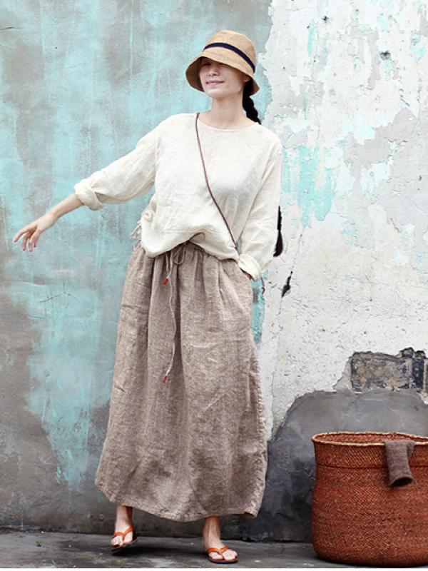 VINTAGE SOLID LINEN DRAWSTRING SKIRT