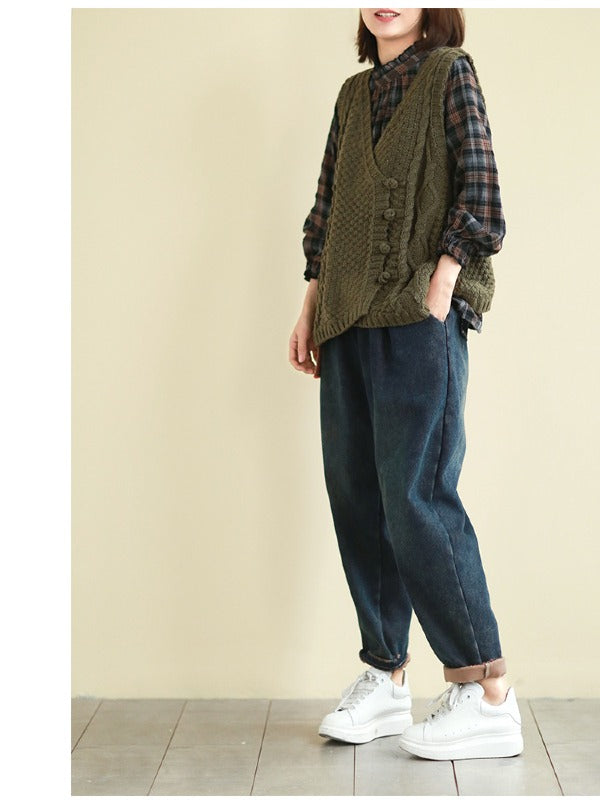 Vintage Loose Button Cropped V-Neck Vest