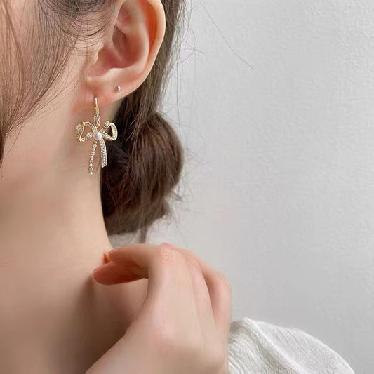 S925 silver needle long tassel pearl micro-set diamond earrings