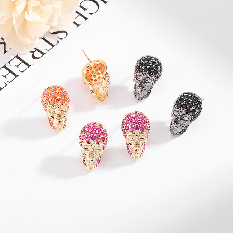S925 silver inlaid zircon skull earrings