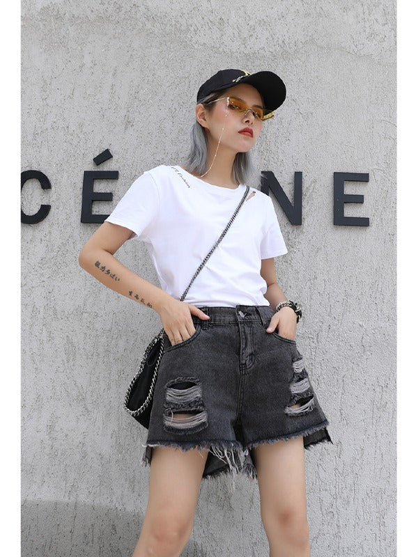 HIGH-WAIST HOLLOW HIGH-LOW DENIM SHORTS