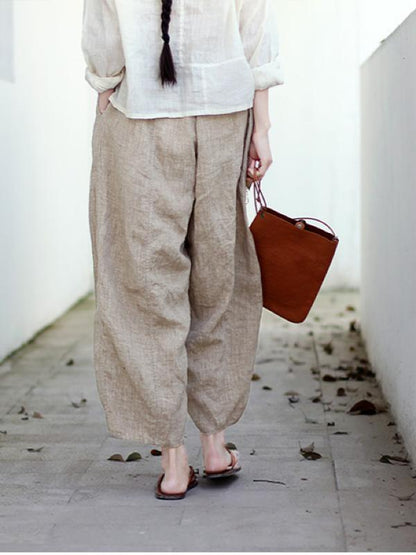 VINTAGE SOLID LINEN ELASTIC WAIST PANTS