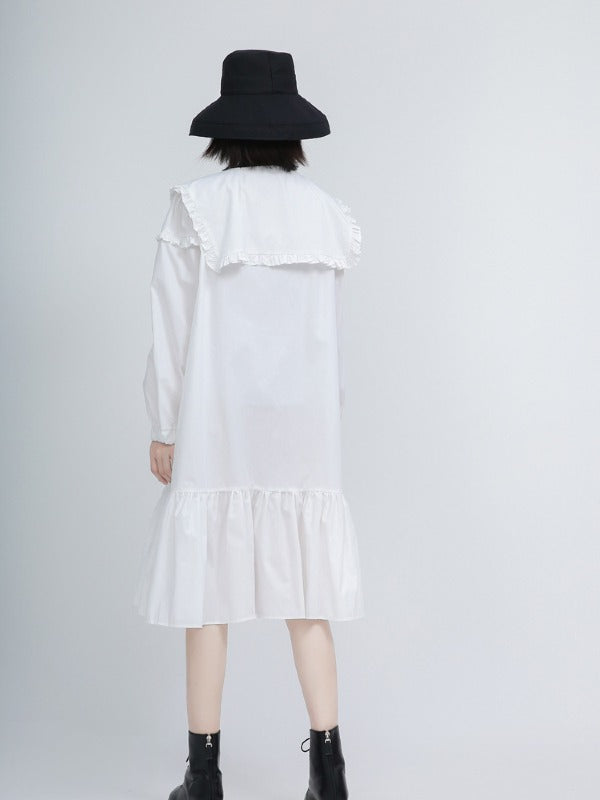 Loose Solid Ruffle Collar Cropped Falbala Dress