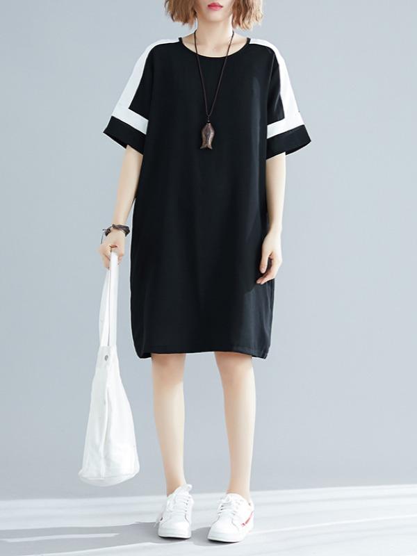 Plus Size Loose Chiffon Contrast Color Midi Dress