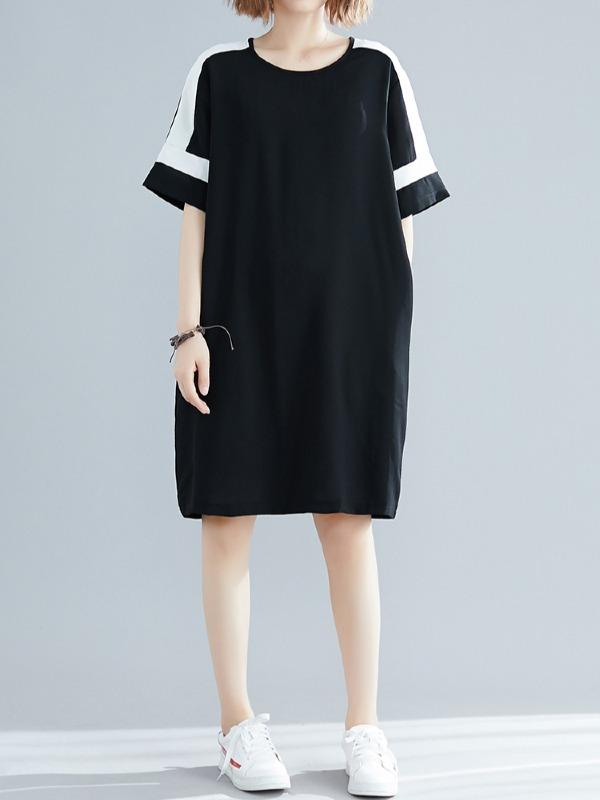Plus Size Loose Chiffon Contrast Color Midi Dress