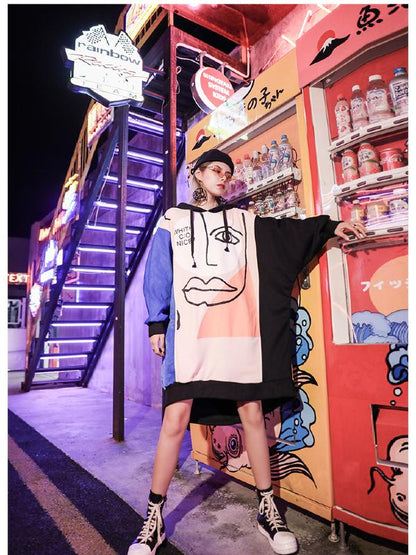 LOOSE PRINTED CONTRAST COLOR HOODIE OUTWEARS
